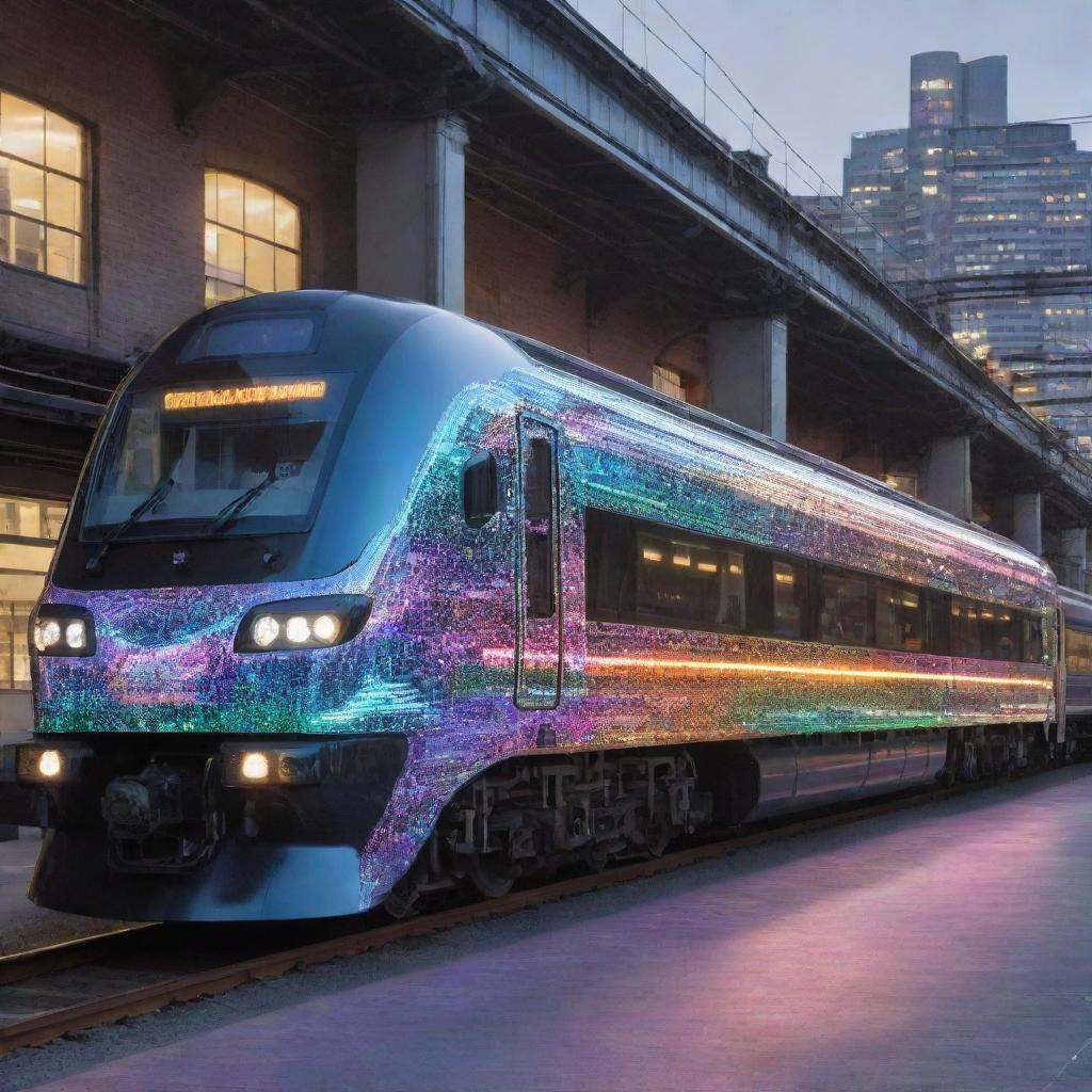 Depict a train in a lightpunk setting. This is a gleaming, transparent locomotive that manipulates light for propulsion, adorned with prismatic surfaces refracting and reflecting brilliant colors, traversing the railway as a dazzling array of light.