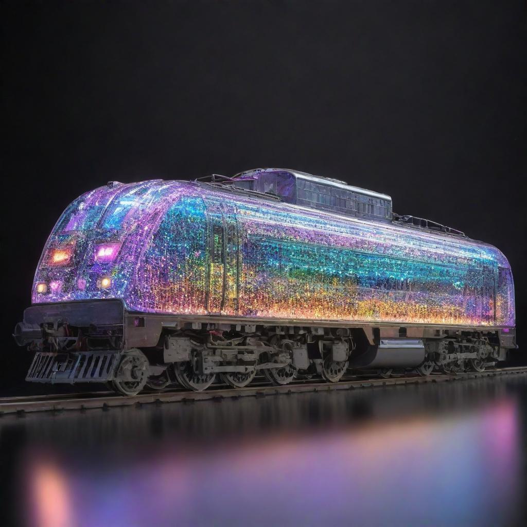 Depict a train in a lightpunk setting. This is a gleaming, transparent locomotive that manipulates light for propulsion, adorned with prismatic surfaces refracting and reflecting brilliant colors, traversing the railway as a dazzling array of light.