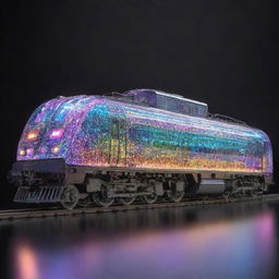 Depict a train in a lightpunk setting. This is a gleaming, transparent locomotive that manipulates light for propulsion, adorned with prismatic surfaces refracting and reflecting brilliant colors, traversing the railway as a dazzling array of light.