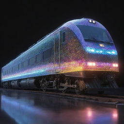 Depict a train in a lightpunk setting. This is a gleaming, transparent locomotive that manipulates light for propulsion, adorned with prismatic surfaces refracting and reflecting brilliant colors, traversing the railway as a dazzling array of light.