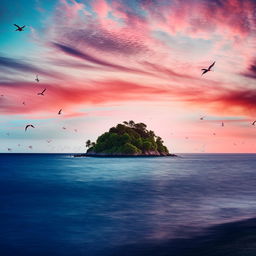 Generate a visionary image of a vibrant blue sea under a sunset sky with fluffy pink clouds, with a lush green island at the center and seagulls flying in the distance.