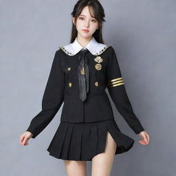 Anime style high-school uniform in black color adorned with golden details