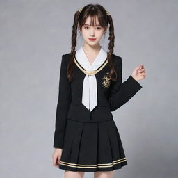 Anime style high-school uniform in black color adorned with golden details