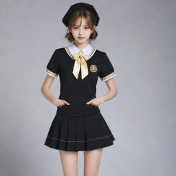 Anime style high-school uniform in black color adorned with golden details