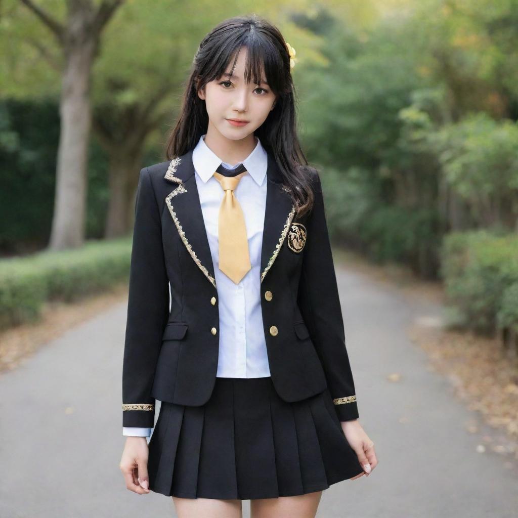 Anime style high-school uniform in black color adorned with golden details