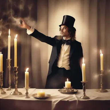 With a wave of his wand, the magician cleared off the table and made the candles float in the air.