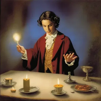 With a wave of his wand, the magician cleared off the table and made the candles float in the air.