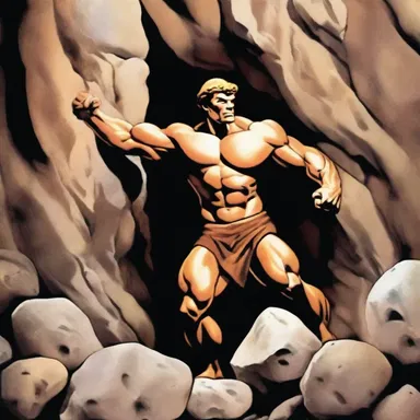 Hercules used his immense strength to clear off the boulders blocking the entrance to the cave.