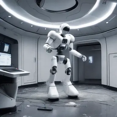 The futuristic cleaning robot effortlessly cleared off the debris from the spaceship's control room.