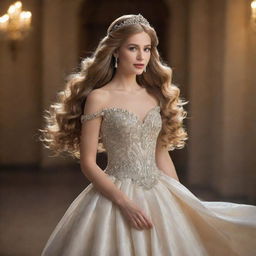 A beautiful princess wearing an elegant, jewel-studded gown. Her long, flowing hair catches the light, and her eyes sparkle with resilience and nobility.