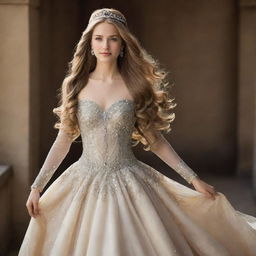 A beautiful princess wearing an elegant, jewel-studded gown. Her long, flowing hair catches the light, and her eyes sparkle with resilience and nobility.