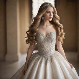 A beautiful princess wearing an elegant, jewel-studded gown. Her long, flowing hair catches the light, and her eyes sparkle with resilience and nobility.