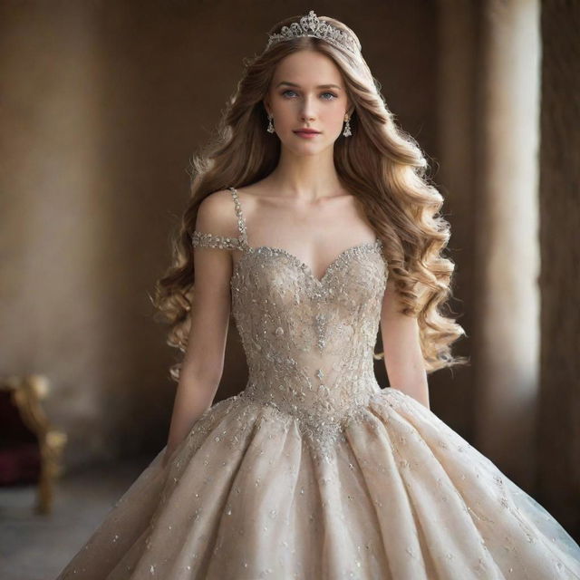 A beautiful princess wearing an elegant, jewel-studded gown. Her long, flowing hair catches the light, and her eyes sparkle with resilience and nobility.