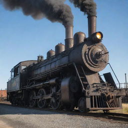 Draw a train from the factorypunk era. This iron horse is a manifestation of industrial might - blackened steel exterior, belching smokestacks, pistons pumping in unison, and windows glinting with fiery furnace light.