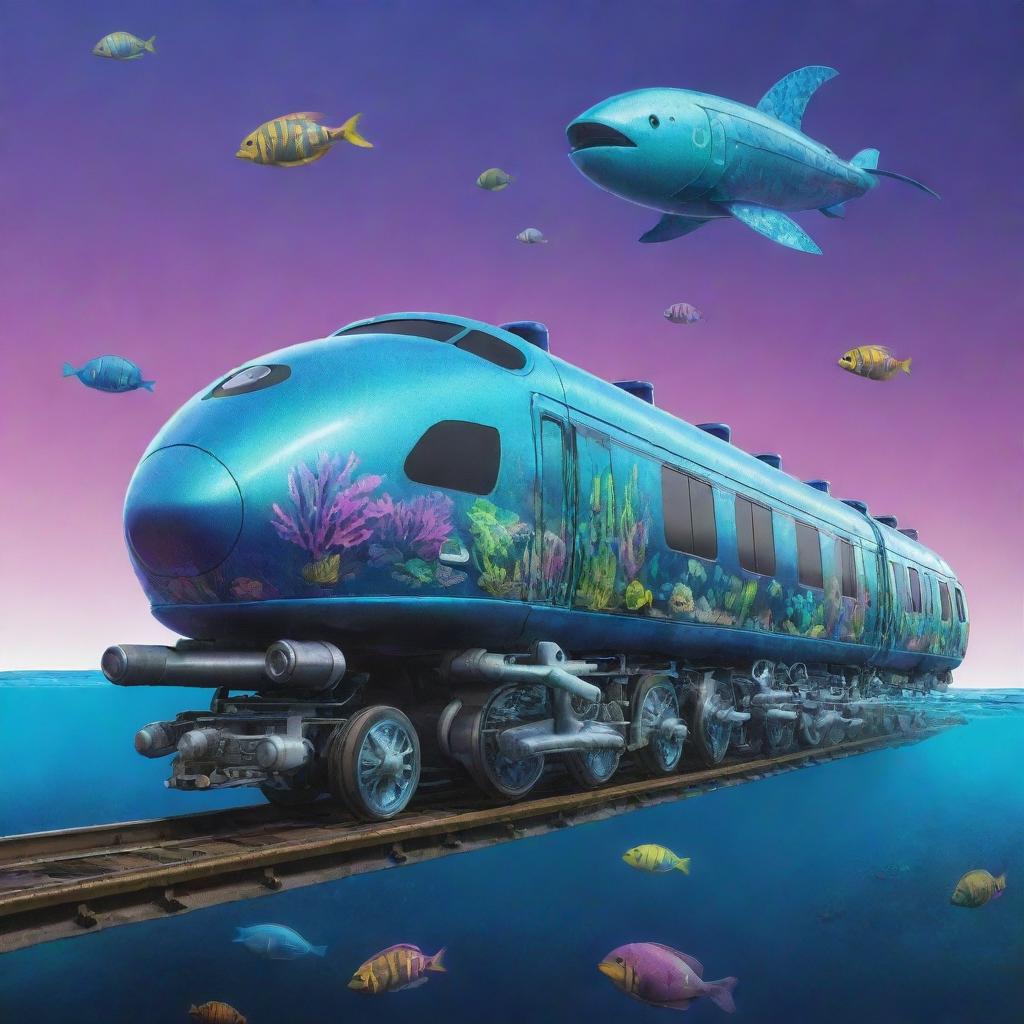 Illustrate a seapunk train. It's an aquatic locomotive cruising through underwater tracks, styled with psychedelic sea life motifs, iridescent surfaces, powered by turbine-driven propellers, with pods of marine creatures curiously flanking its journey.