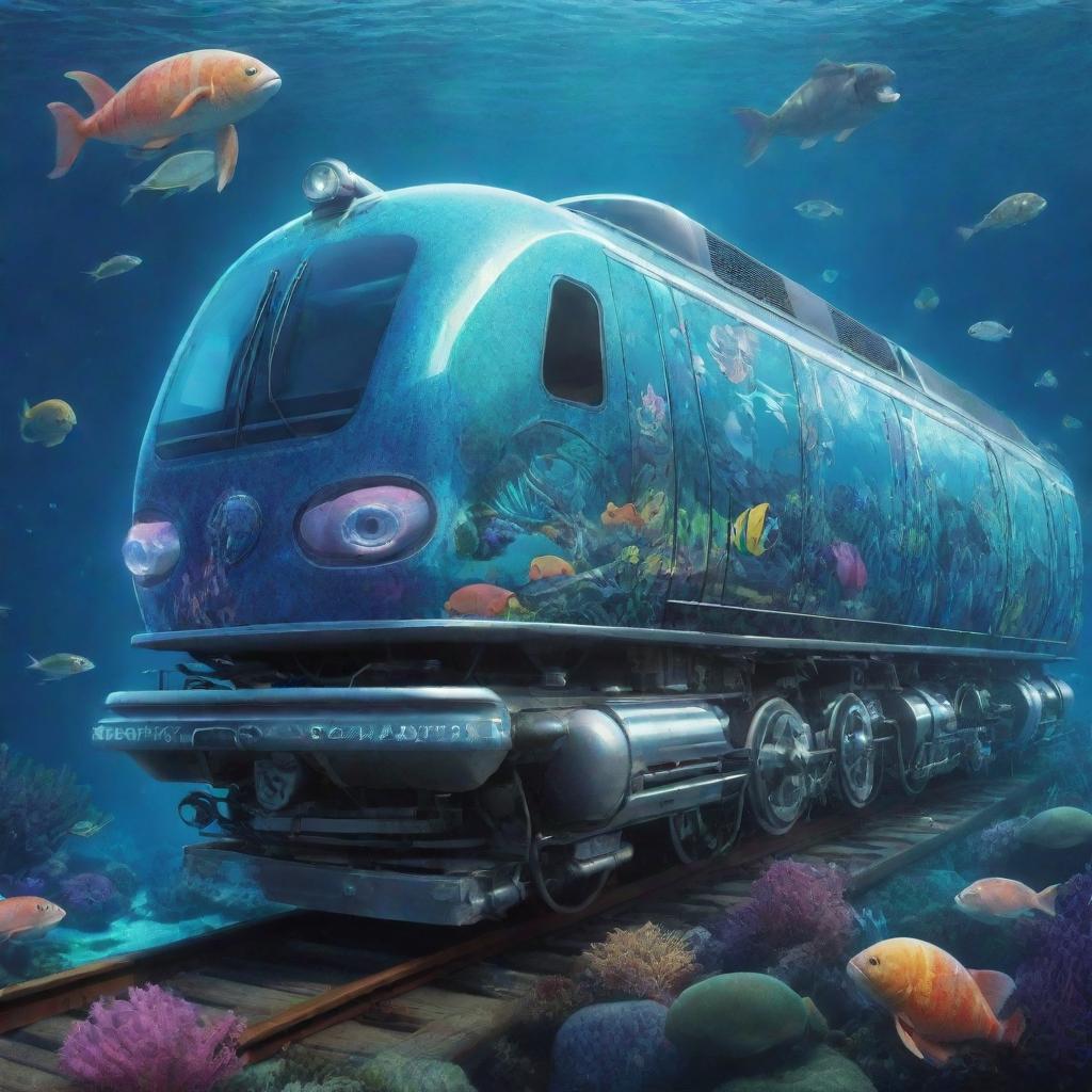 Illustrate a seapunk train. It's an aquatic locomotive cruising through underwater tracks, styled with psychedelic sea life motifs, iridescent surfaces, powered by turbine-driven propellers, with pods of marine creatures curiously flanking its journey.