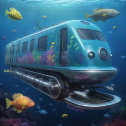 Illustrate a seapunk train. It's an aquatic locomotive cruising through underwater tracks, styled with psychedelic sea life motifs, iridescent surfaces, powered by turbine-driven propellers, with pods of marine creatures curiously flanking its journey.