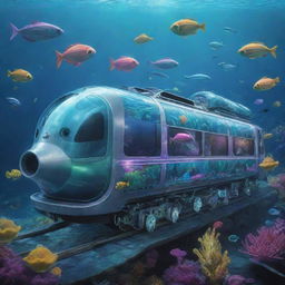 Illustrate a seapunk train. It's an aquatic locomotive cruising through underwater tracks, styled with psychedelic sea life motifs, iridescent surfaces, powered by turbine-driven propellers, with pods of marine creatures curiously flanking its journey.