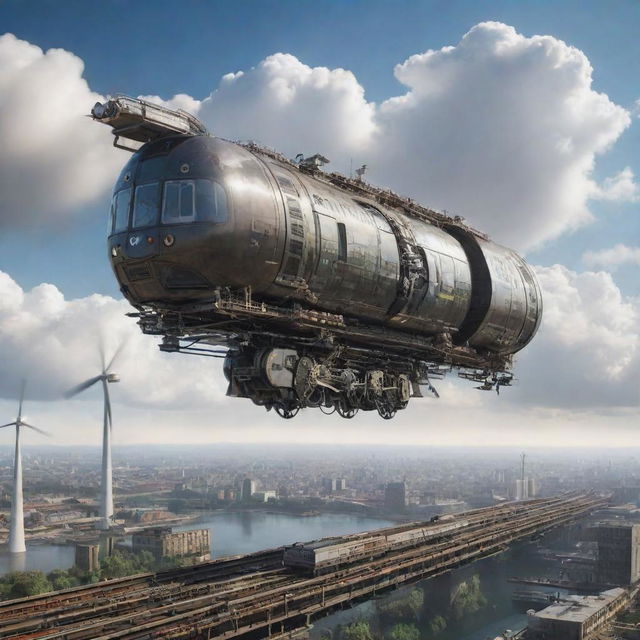 Depict a train in an airpunk world. It's a floating locomotive gliding on air tracks, powered by wind turbines and hot air. The design flaunts a blend of industrial machinery and avian elegance, with a vista offering a bird's-eye view of the cloud-filled skies.