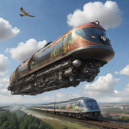 Depict a train in an airpunk world. It's a floating locomotive gliding on air tracks, powered by wind turbines and hot air. The design flaunts a blend of industrial machinery and avian elegance, with a vista offering a bird's-eye view of the cloud-filled skies.