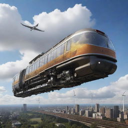 Depict a train in an airpunk world. It's a floating locomotive gliding on air tracks, powered by wind turbines and hot air. The design flaunts a blend of industrial machinery and avian elegance, with a vista offering a bird's-eye view of the cloud-filled skies.