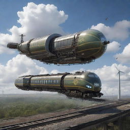 Depict a train in an airpunk world. It's a floating locomotive gliding on air tracks, powered by wind turbines and hot air. The design flaunts a blend of industrial machinery and avian elegance, with a vista offering a bird's-eye view of the cloud-filled skies.