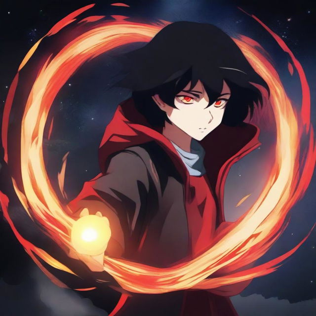 Generate an image of a high school student with black hair and red eyes