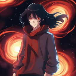 Generate an image of a high school student with black hair and red eyes