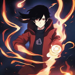 Generate an image of a high school student with black hair and red eyes