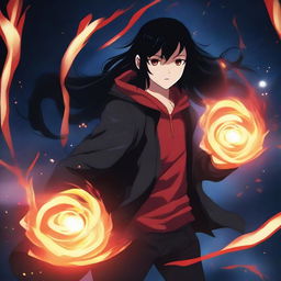 Generate an image of a high school student with black hair and red eyes