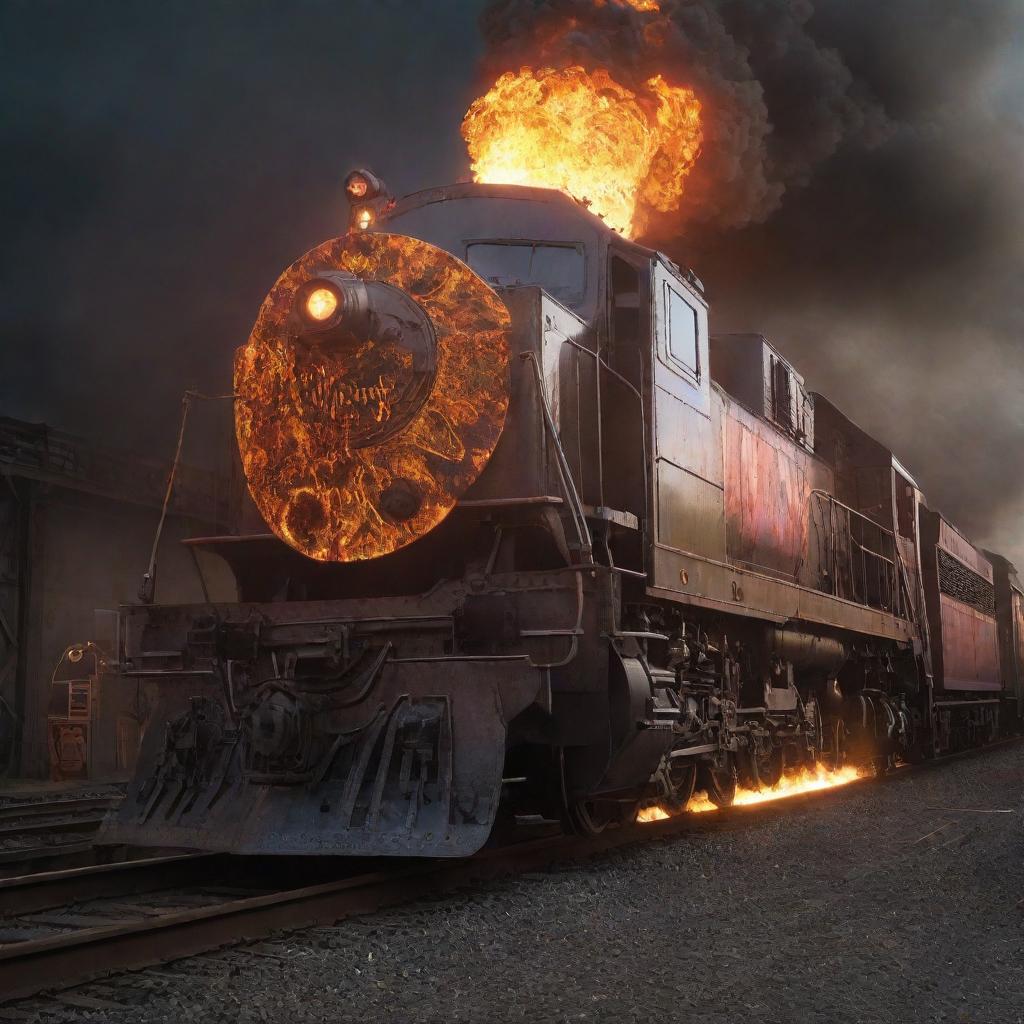 Create an image of a firepunk train. This locomotive hurtles down the tracks with an intense combustion engine spewing flames, featured body glowing from the intense heat, and scorching with an atmosphere of untamed power.