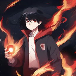 Generate an image of a high school student with black hair and crimson red eyes