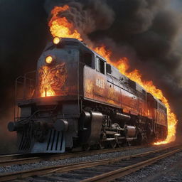 Create an image of a firepunk train. This locomotive hurtles down the tracks with an intense combustion engine spewing flames, featured body glowing from the intense heat, and scorching with an atmosphere of untamed power.