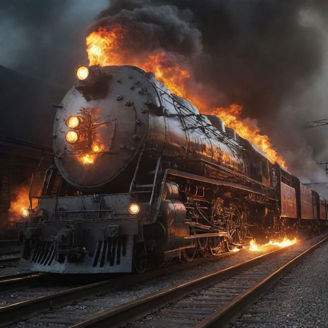 Create an image of a firepunk train. This locomotive hurtles down the tracks with an intense combustion engine spewing flames, featured body glowing from the intense heat, and scorching with an atmosphere of untamed power.