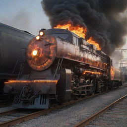 Create an image of a firepunk train. This locomotive hurtles down the tracks with an intense combustion engine spewing flames, featured body glowing from the intense heat, and scorching with an atmosphere of untamed power.