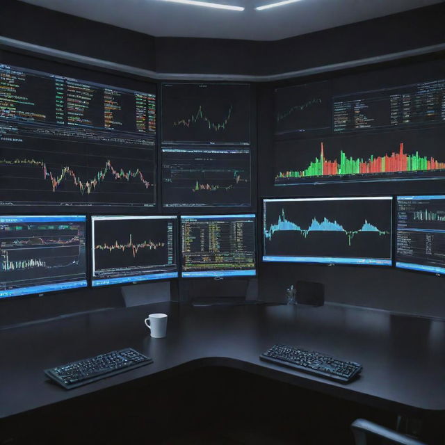 A sleek, professional trading background, illuminated by soft light from multiple screens displaying colorful financial graphs. Featured prominently in the center is the text 'MR___TRADER' in bold, stainless steel letters.