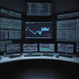 A sleek, professional trading background, illuminated by soft light from multiple screens displaying colorful financial graphs. Featured prominently in the center is the text 'MR___TRADER' in bold, stainless steel letters.