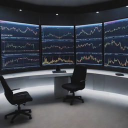 A sleek, professional trading background, illuminated by soft light from multiple screens displaying colorful financial graphs. Featured prominently in the center is the text 'MR___TRADER' in bold, stainless steel letters.