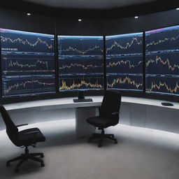 A sleek, professional trading background, illuminated by soft light from multiple screens displaying colorful financial graphs. Featured prominently in the center is the text 'MR___TRADER' in bold, stainless steel letters.