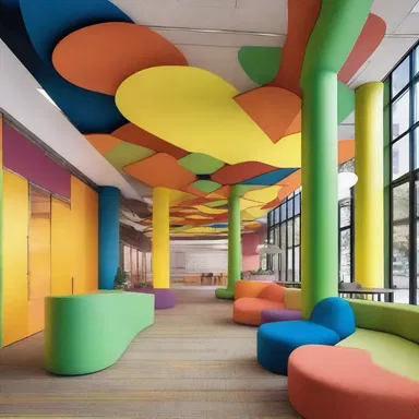 The lively design of the building incorporated vibrant colors and interactive spaces.