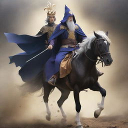 Anime styled King, disguised as a wanderer, fleeing on a horse with a loyal wizard by his side. Both characters exhibit a blend of fear and determination.