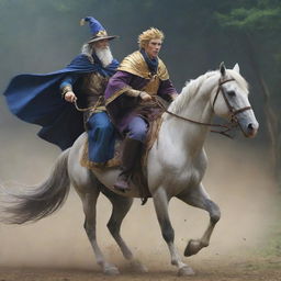 Anime styled King, disguised as a wanderer, fleeing on a horse with a loyal wizard by his side. Both characters exhibit a blend of fear and determination.