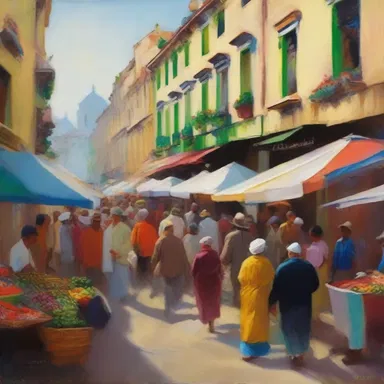 The painting captured the essence of a lively street market, with people bustling about and vibrant colors filling the scene.