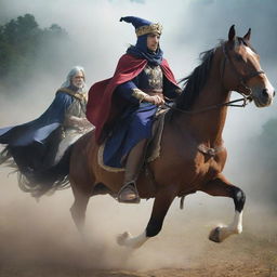 Anime styled King, disguised as a wanderer, fleeing on a horse with a loyal wizard by his side. Both characters exhibit a blend of fear and determination.