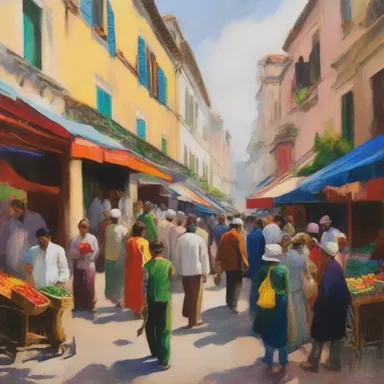 The painting captured the essence of a lively street market, with people bustling about and vibrant colors filling the scene.