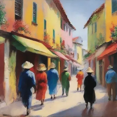 The painting displayed in the gallery is filled with lively colors and brush strokes, capturing the essence of the scene.