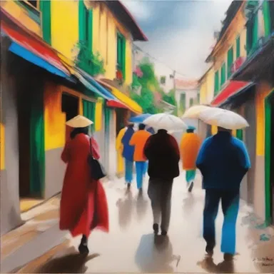 The painting displayed in the gallery is filled with lively colors and brush strokes, capturing the essence of the scene.