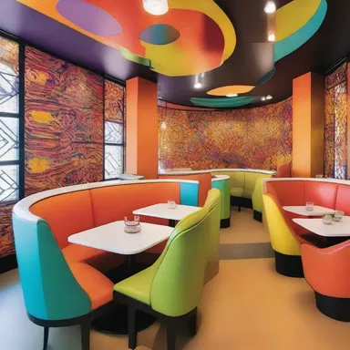 The lively interior design of the restaurant incorporates vibrant colors, modern furniture, and dynamic patterns.