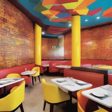 The lively interior design of the restaurant incorporates vibrant colors, modern furniture, and dynamic patterns.