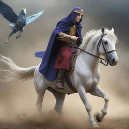 Anime styled King, disguised as a wanderer, fleeing on a horse with a loyal wizard by his side. Both characters exhibit a blend of fear and determination.